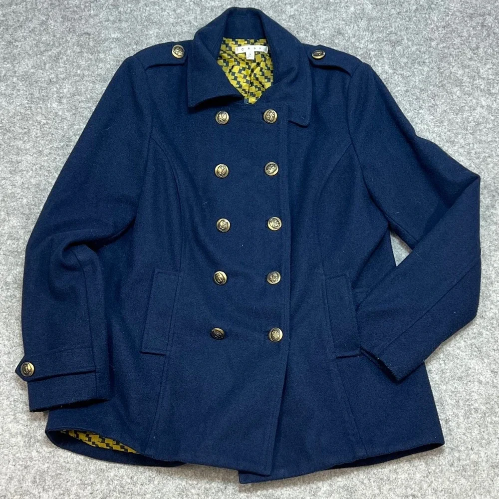 Cabi Navy Double Breasted‎ Wool Blend Peacoat Gold Anchor Button Large